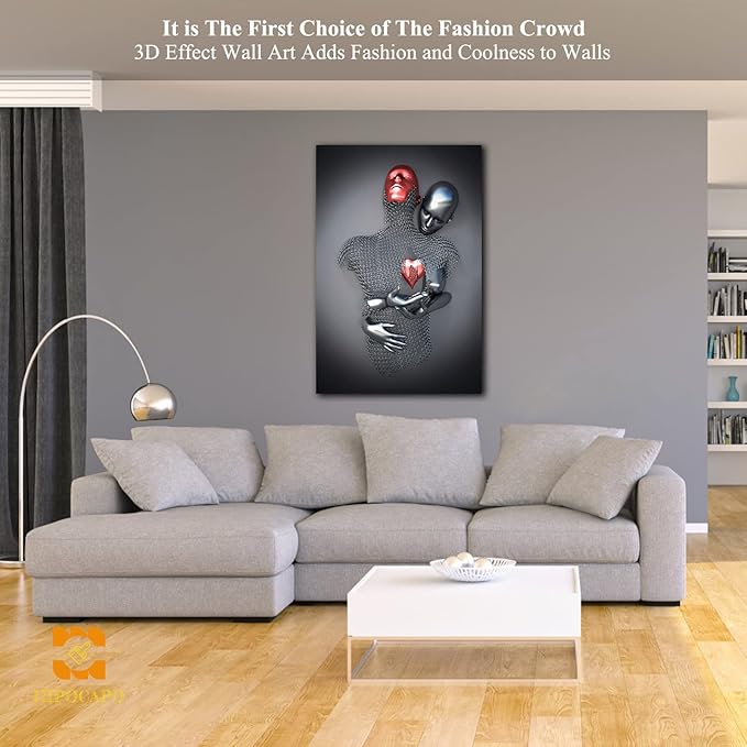 3D Wall Art - Love Heart 3D Metal Canvas Art, Silver 3D Metal Canvas Art 3D Canvas Art Wall Decor for Modern Living Room, Framed Romantic Couple Living Room Canvas Wall Art 24”x36”x1Pcs