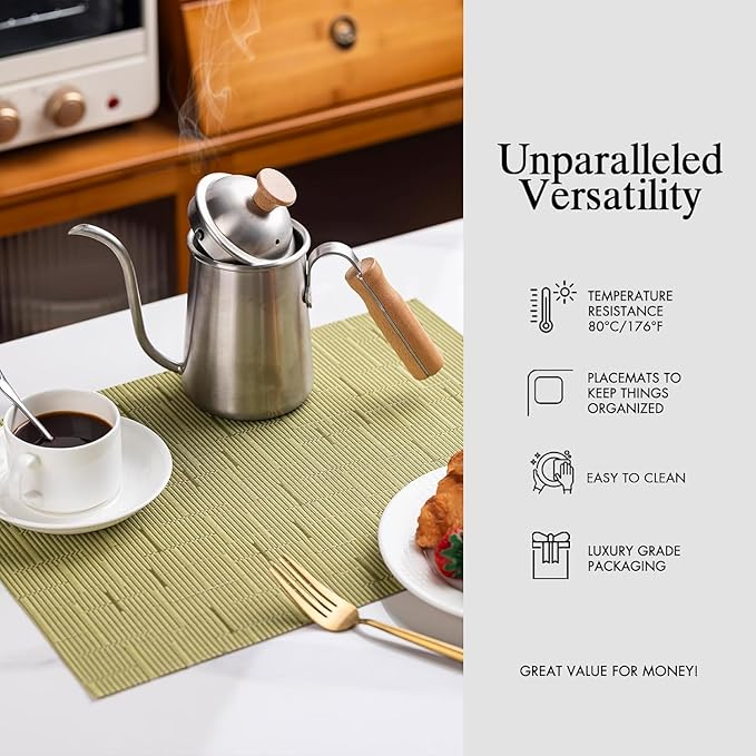 Placemats Set of 4 - Easy Clean Woven Vinyl Placemats for Dining Table, Indoor/Outdoor Place Mats, Washable PVC Table Mats （Pea Green）