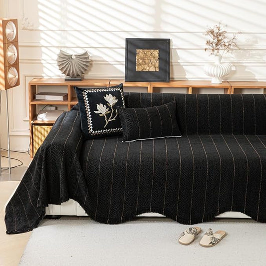ROOMLIFE Black Sofa Cover, Vintage Boho Couch Cover for 3 Cushion Sofa, Non Slip Soft Chenille Sofa Slipcovers for Dog, Washable Furniture Sofa Protector Cover with Tassel for Living Room, 71''X118”