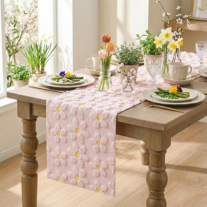 Artoid Mode Pink Soft Plush Faux Fur Jacquard Embroidery Daisy Spring Table Runner, Kitchen Dining Table Decoration for Home Party Decor 13x36 Inch