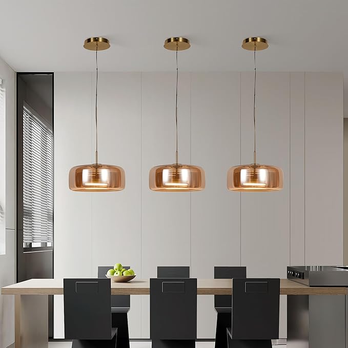 Modern Glass LED Pendant Light with Remote,15'' Stepless Dimmable & CCT Adjustable Hanging Height, 25W Modern Gold Finish for Dining Room, Living Room, Bedroom,Amber