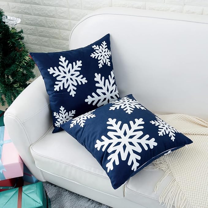HWY 50 Navy Blue Decorative Throw Pillow Covers 16x16 Inch for Couch Sofa Living Room Bed, Soft Square Throw Pillows Cases Cushion Cover with Christmas Snowflakes Print Pack of 2