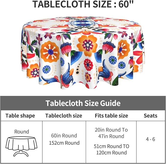 Mexican Round Tablecloth, Traditional Floral Tile Dia De Los Muertos Azulejo Mosaic Mexico Water Resisitant Table Cover for Dining Kitchen Living Room Home Party Holiday Decor 60 inch Round