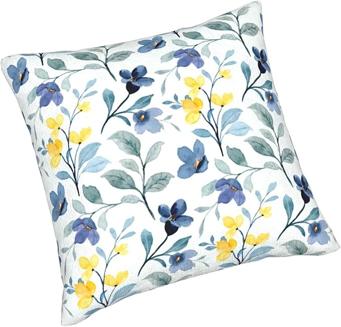Spring Flowers Pillow Covers 20x20 Inch Set of 2 Blue and Yellow Flower Throw Pillow Cover Vintage Plant Floral Square Pillowcase Cushion Cases for Home Couch Bed Sofa