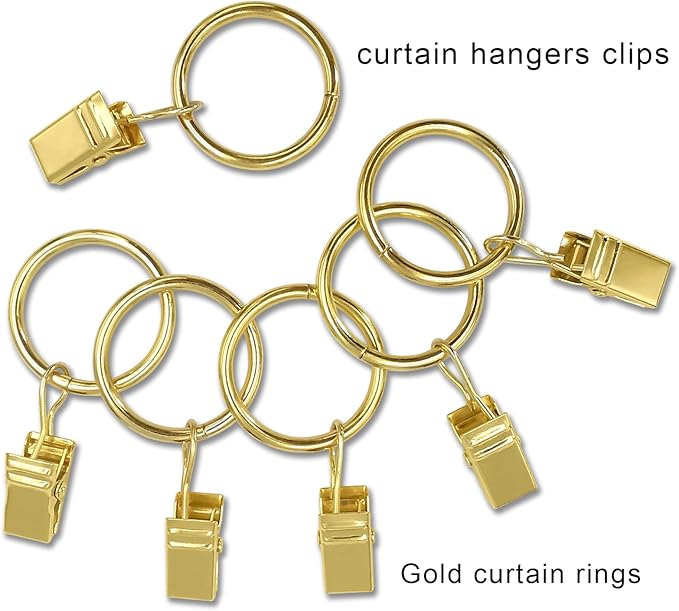 100 Pack Metal Curtain Rings with Clips, Drapery Clips with Rings, Drapes Rings 1 inch Inner Diameter, Fits Diameter 5/8 inch Curtain Rods, Gold Color