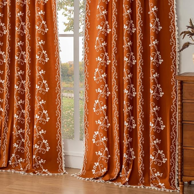 Boho Terracotta Curtains Farmhouse Curtains for Bedroom, Cotton Linen Blend Toile Curtain Printed Floral Burnt Orange Rustic Curtain Drapes 2 Panel 55" W x 96" L