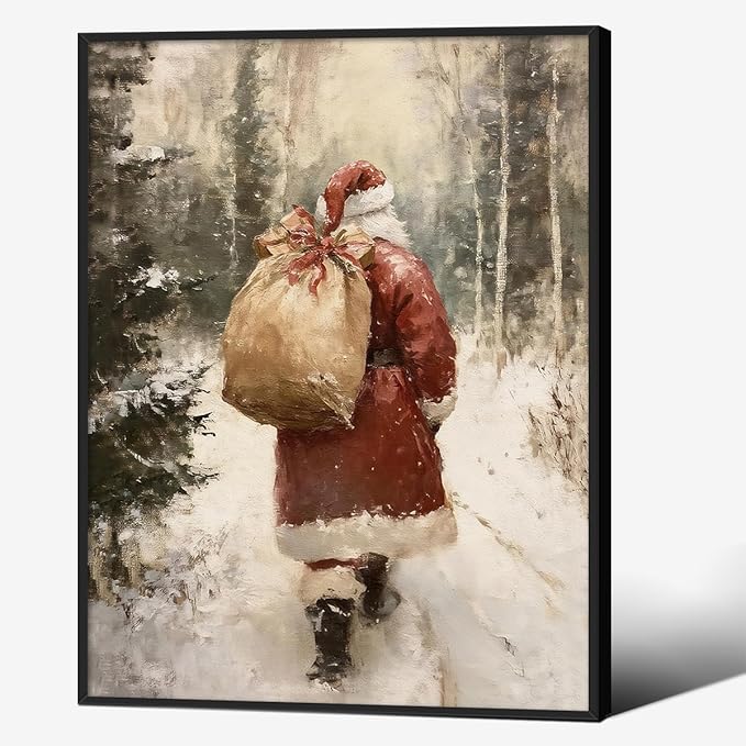 Santa Claus in Winter Forest Poster Vintage Christmas Holiday Canvas Wall Art 12x16 inch Black Framed Cozy Nature Christmas Tree Oil Painting Prints for Cottagecore Bedroom Wall Decor