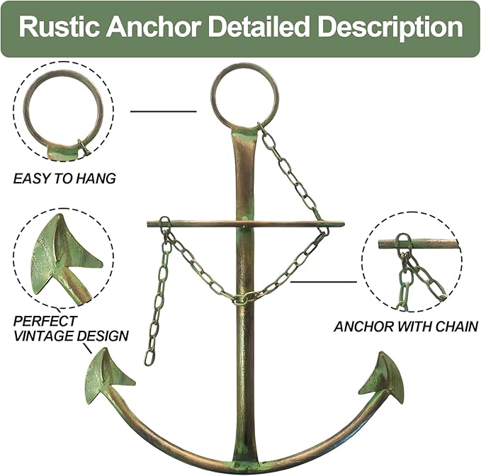Nautical Anchor Wall Art, Metal Anchor With Chain for Bedroom, Living Room, Dorm, Home - 13" Green