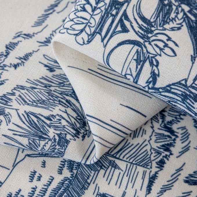 F-CHU Blue Patterned Curtains 63 Inches Long for Bedroom 2 Panels Semi Blackout Farmhouse Modern Pattern on Cream White Cotton Fabric Window Treatments Drapes for Bedroom 55" W x 63" L