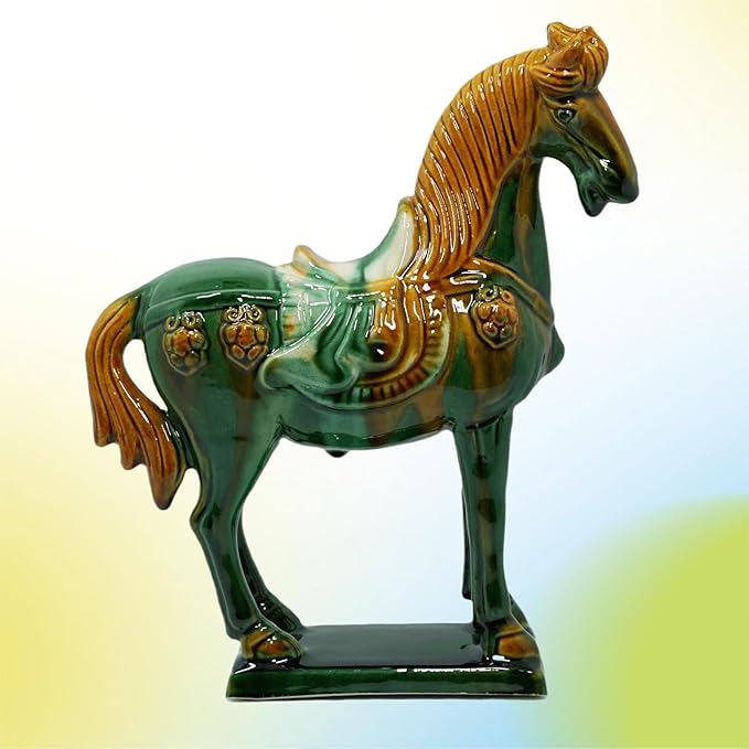 Handmade -Tang Dynasty Tri-Color Horse Sculpture Wemings Ceramic Horse-19cm Cultural Art Piece for Home,Bookcase or Office Decor (Green)