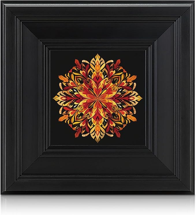 Brivoria Mandala Wall Art Home Decor, Framed Orange and Red Autumn Blaze Mandala Artwork, Modern Spiritual Accent for Meditation Corner Desk Shelf or Bedroom, Warm Wall and Tabletop Display, 8x8