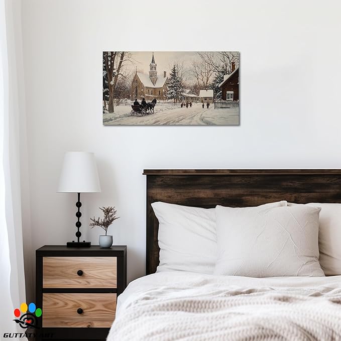 GUTTATY Winter Christmas Canvas Wall Art, Snow Village Scene Canvas Prints, Classic Church Horse Sleigh Wall Painting, Country Winter Pictures Decor for Living Room, Farmhouse, Entryway, 16x8 Inch