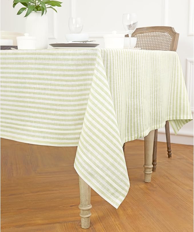 Solino Home Linen Striped Tablecloth 60 x 108 Inch - 100% Pure Linen Sage and White Table Cloth for Rectangle Tables - Amalfi Stripe, Machine Washable Tablecloth for Thanksgiving, Christmas, Winter