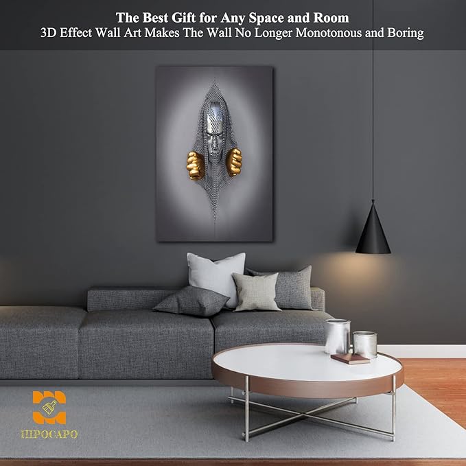 HIPOCAPO 3D Metal Effect Wall Art - Decor Artwork Silver Figure Statue Canvas Painting, Framed Gold for Living Room 24”x36”x1Pcs 3d Art-18