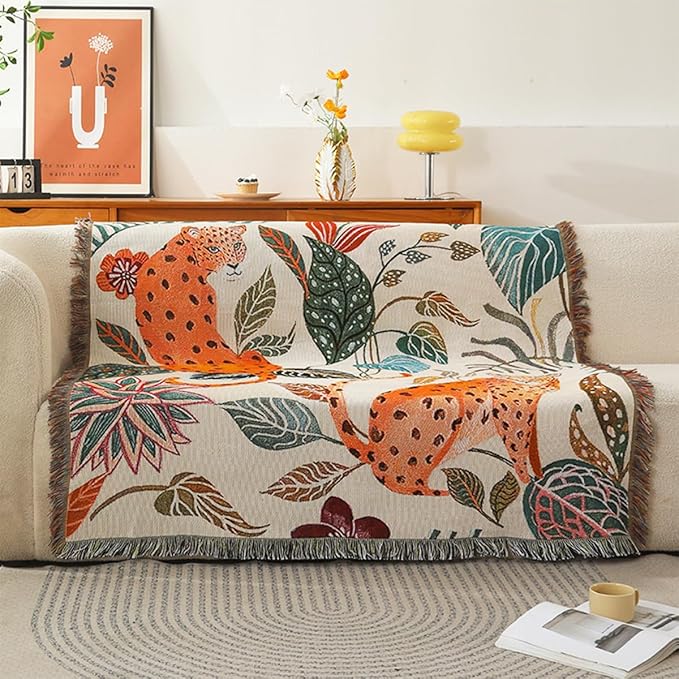 Double-Sided Cotton Woven Throw Blanket with Tassel Jungle Bohemian Style Tapestry Shawl Multi-Function Decorative Throws for Sofa Bed Armchair Camping Blanket Tablecloth Carpet 160x130cm