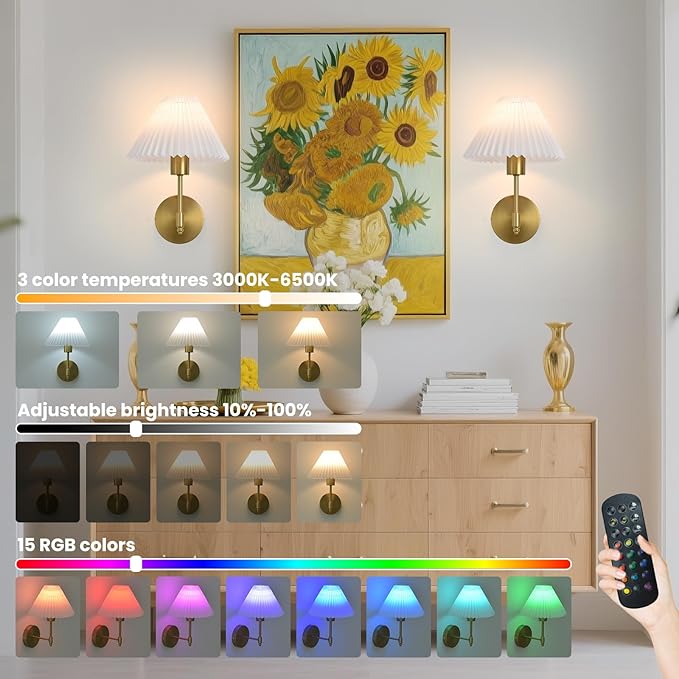 Battery Operated Wall Sconces Set of 2,Gold Rechargeable Wall Lights with Remote,Dimmable Wall Lamp with Pleated Shades,15 Colors Wireless Bathroom Vanity Wall Sconce for Bedroom Living Room Hallway