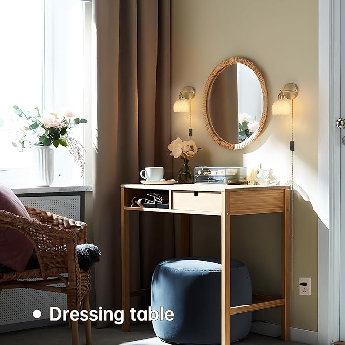 Plug in Wall Sconce, White Tulip Glass Lampshade Wall Light Plugin Corded for Bedside Bedroom Doorway