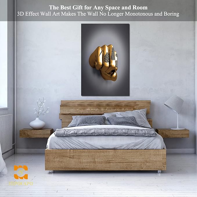 3D Wall Art - Abstract 3D Metal Effect Canvas Wall Art, 3D Modern Wall Art for Office, Golden Boxer Gesture 3D Art Wall Decor for Modern Bedroom Decor Framed 32”x48”x1Pcs