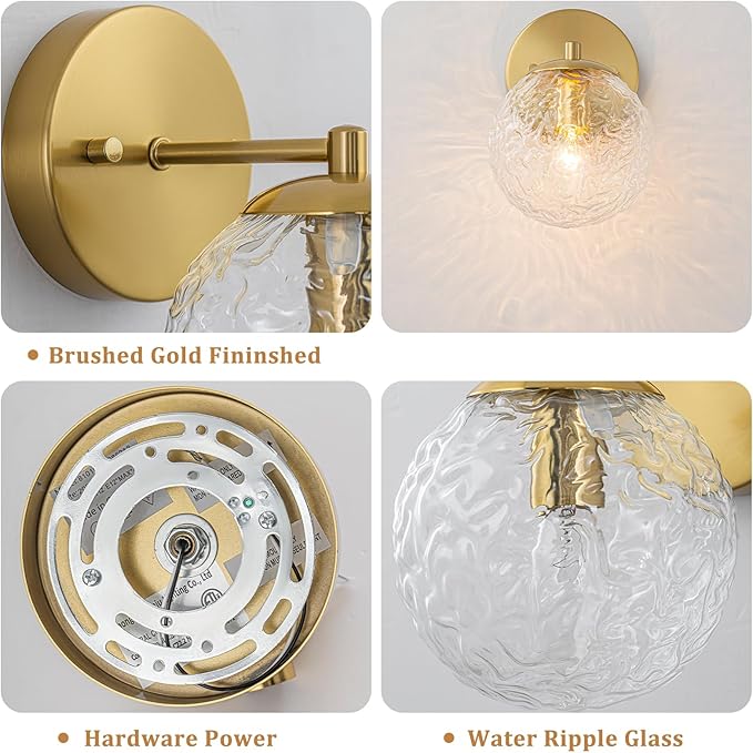 Gold Wall Sconce, Gold Vanity Sconce Lighting, Globe Ripple Glass Wall Light Fixture, Hardwired Wall Sconces for Bathroom Hallway Bedroom Bedside Living Room Stairs Kitchen Loft (E12)