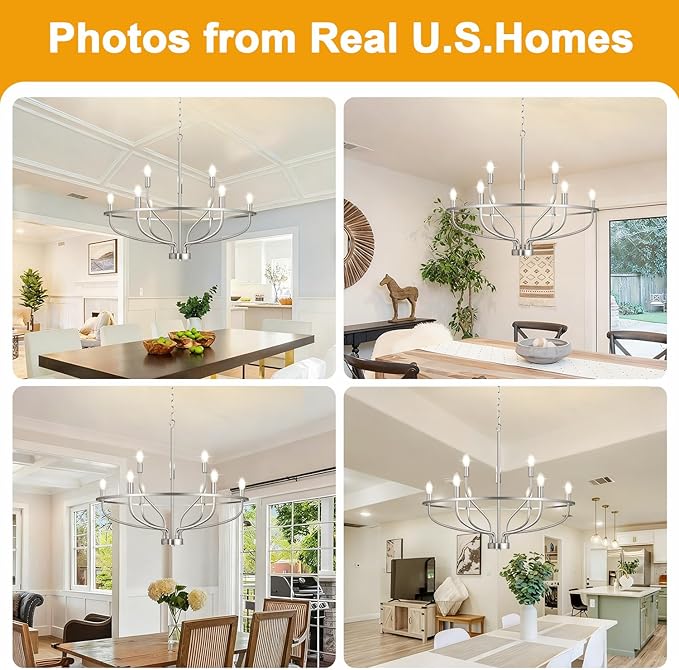 30" Brushed Nickel Chandelier, 9-Light Industrial Chandelier for Dining Room Lighting Fixtures Hanging, Pendant Lights for Kitchen Island, Kitchen Island, Bedroom and Entryway (Bulbs Not Included)
