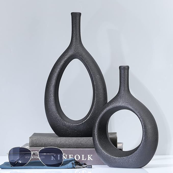 Black Ceramic Hollow Elliptical Vase Set of 2 - Boho Circle Vase with Hole, for Modern Black Table Decor, Living Room Decor Shelf mid Century Modern Home Entrance Decorative vase