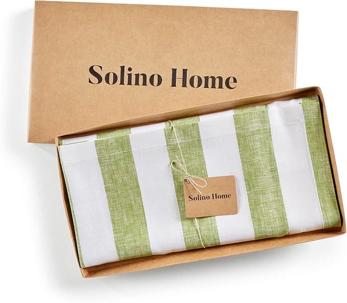 Solino Home Linen Tablecloth 52 x 52 Inch - Cabana Stripe, 100% Pure Linen Green and White Square Tablecloth - Machine Washable Table Throw