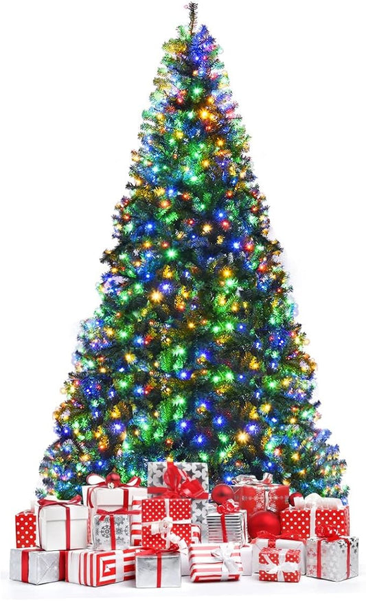 HAPPYGRILL 9FT Pre-lit Artificial Christmas Tree with 2944 PVC Branch Tips and Foldable Base, Premium Spruce Tree Hinged Xmas Tree with 1000 Lights, 11 Color Modes for Holiday Decoration