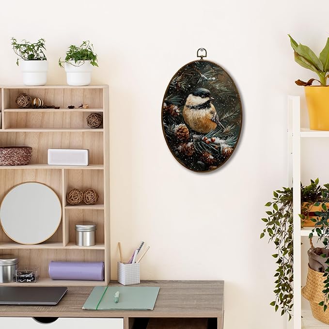 JQF Vintage Winter Chickadees Oval Wall Decor, Christmas Bird Chickadees Oval Canvas Wall Art, Rustic Christmas Pine Cones Framed Prints Hanging Decor for Home Living Room Bedroom, 8.5x11.5 Inch