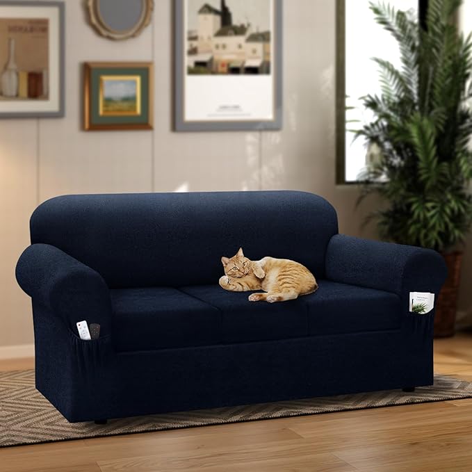 Sofa Slipcover with Armrest Pockets 4-Piece Set, Stretch Faux Leather Couch Cover for 3-Cushion Couches(Fits 72-92") - Non-Slip, Machine Washable, Pet & Kid Friendly - Navy