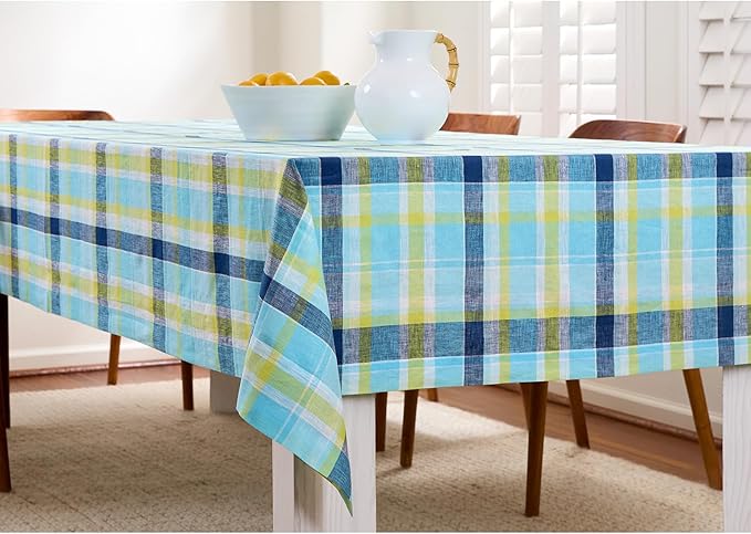 Solino Home Blue Linen Tablecloth 60 x 90 Inch - 100% Pure Linen Summer Madras Plaid Tablecloth - Handcrafted and Machine Washable Table Cover