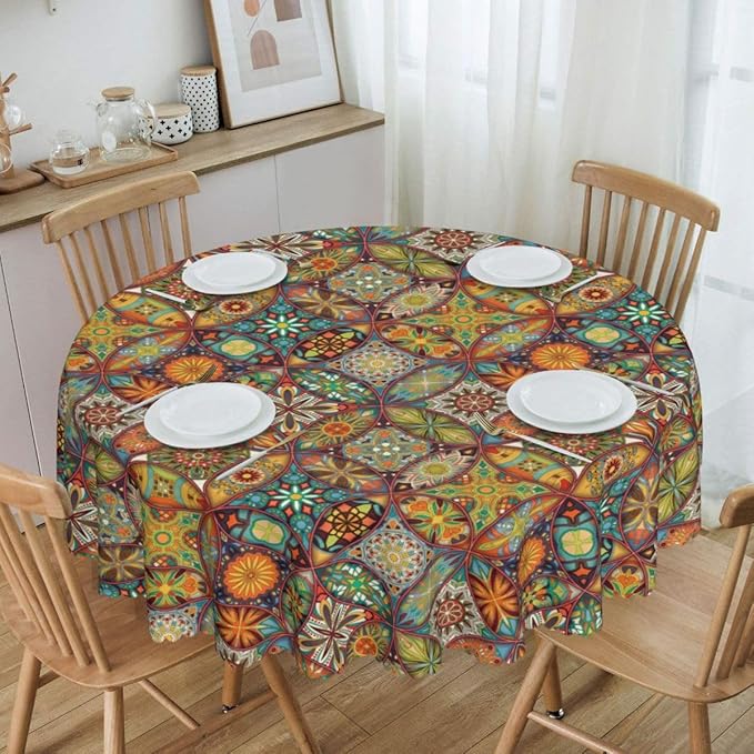 Mexican Ceramic Round Tablecloth, Colorful Talavera Tile Mandala Traditianal Boho Water Resisitant Wipeable Table Cover for Dining Kitchen Living Room Home Party Holiday Decor 60 inch Round