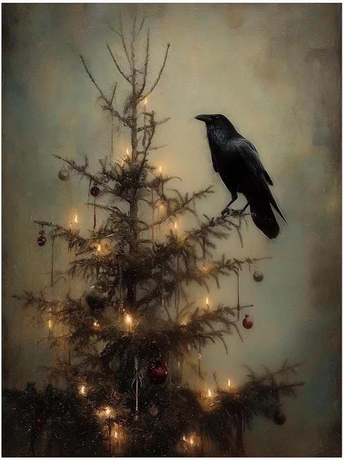 Raven on Christmas Tree Wall Art,Gothic Crow,Dark Academia,Wildlife Painting,Dark Christmas Tree Branch for Cottagecore Farmhouse Decor