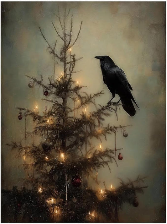 Raven on Christmas Tree Wall Art,Gothic Crow,Dark Academia,Wildlife Painting,Dark Christmas Tree Branch for Cottagecore Farmhouse Decor