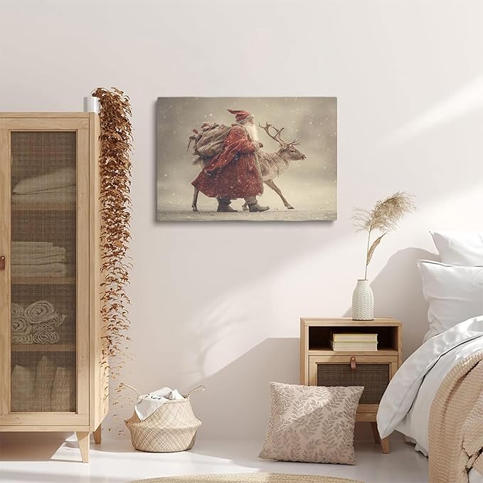 Vintage Santa and Reindeer Walking Wall Art Print,Christmas Scenery Print,Nordic Snow Winter Wonderland Print,Cozy Rustic Holiday Home Decor