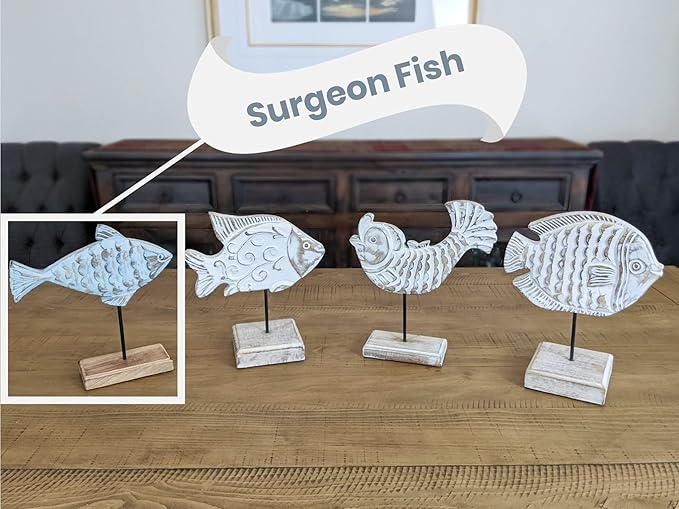 Wooden Fish Sculpture Home Decor | Handmade Surgeon Fish Statue on Stand | Sea Nautical Beach House Decor Art Piece | Rustic Centerpiece Table Decor for Office, Living Room (Surgeon Fish)