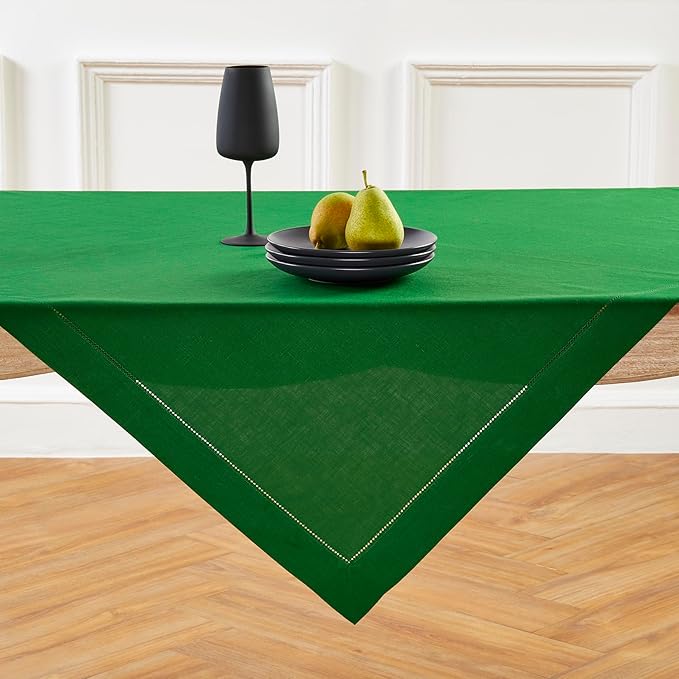 Solino Home Linen Tablecloth 52 x 52 Inch - 100% Pure Linen Garden Green Square Tablecloth - Classic Hemstitch, Machine Washable Table Throw for Christmas, Winter