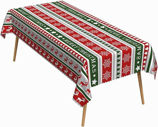 60x120 Inch Merry Christmas Rectangle Tablecloth Reindeer Snowflakes Xmas Tree Stripes Table Cloth Washable Durable Table Cover for Kitchen Dining Banquet Ugly Christmas Sweater Party Decor