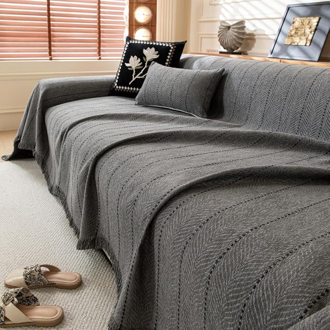 ROOMLIFE Gray Couch Cover Boho Sofa Covers for 3 Cushion Couch Washable, Furniture Protector Sofa Couch Cover for Dogs, Soft Chenille Sofa Slipcover, Couch Throw Blankets with Tassels 71 '' X 118''