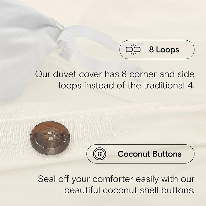 DOZ 100% Long Staple Cotton Duvet Cover Set, Soft Sateen Weave, Smooth, Breathable, Hotel Comfort, 90"x90", 8 Loops, 3pc – 2 Pillowcases 1 Duvet Cover (Ivory, Full/Queen)