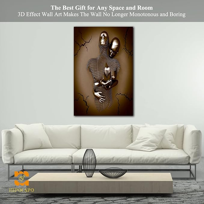 HIPOCAPO 3D Metal Effect Wall Art - Love Heart Canvas Art, Gold Decor for Living Room, Romantic Couple Room Framed 28”x40”x1Pcs 3d Art-17
