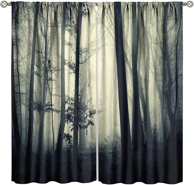 Gothic Forest Blackout Curtains, Nature Tree Scenery Foggy Woodland Landscape Art Printed Window Drapes, for Living Room Bedroom 27.5(W)*63(L) 2 Panels