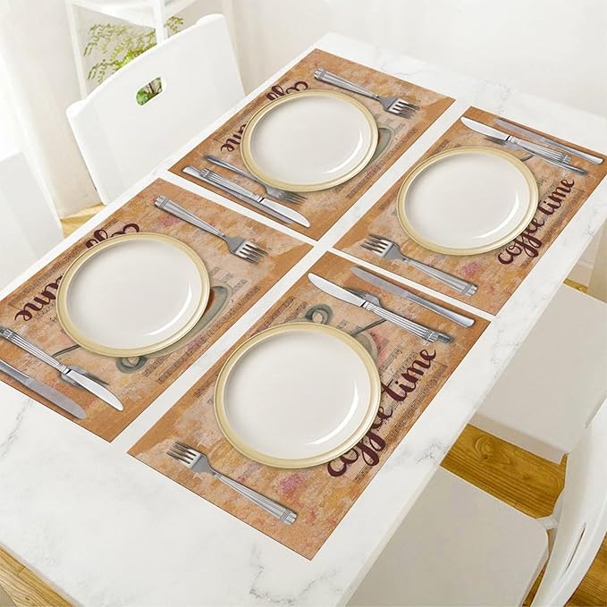 Coffee Time Placemat Set of 6, 12x18 Inch Rustic Coffee Theme Beans Leaves Vintage Farmhouse Washable Heat Resistant Table Mats for Outdoor Farmhouse Kitchen Dining Decor
