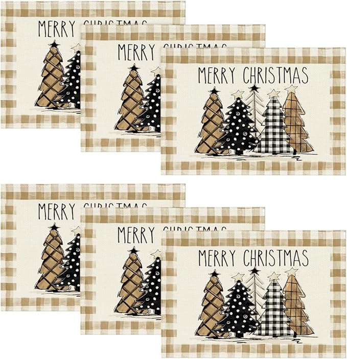 Artoid Mode Watercolor Brown Buffalo Plaid Christmas Trees Placemats Set of 6, 12x18 Inch Winter Table Mats for Party Kitchen Dining Decoration