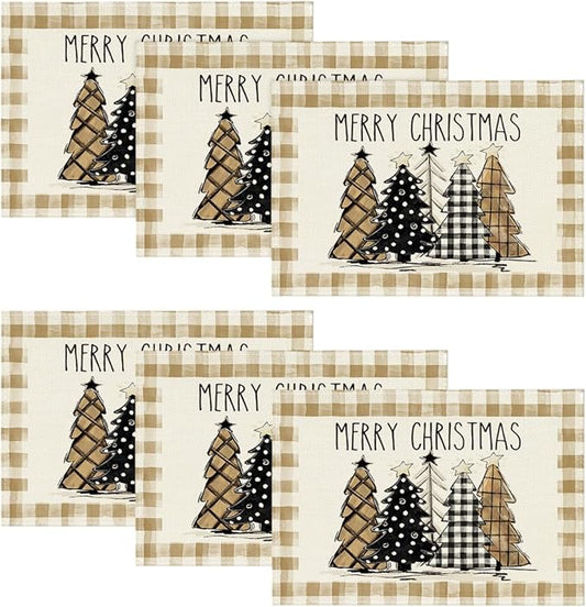 Artoid Mode Watercolor Brown Buffalo Plaid Christmas Trees Placemats Set of 6, 12x18 Inch Winter Table Mats for Party Kitchen Dining Decoration