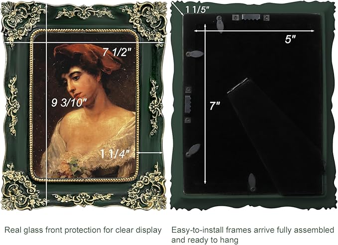 Green Picture Frame 5x7 Vintage Picture Frames Antique Ornate Baroque Victorian Handcrafted for Tabletop or Wall Display with Glass Front