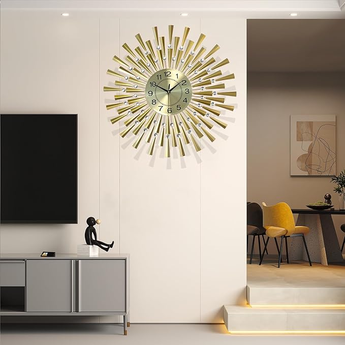Large Wall Clocks for Living Room Decor Modern Gold Silent Wall Clock Battery Operated Non-Ticking for Bedroom Kitchen Office Home Decorative 24 Inch Retro Crystal Clocks Wall Decor for House