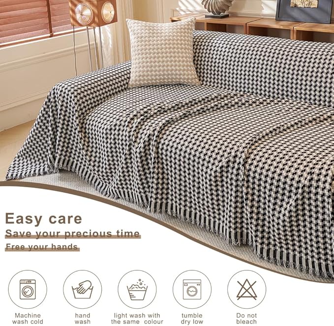 ROOMLIFE Thicked Checkered Boho Black Couch Cover for 2-3 Cushion Sofa, Chenille Sofa Slipcovers Sectional Sofas Covers for Dog, Non Slip Washable Furniture Protector Soft with Tassel 71''X118''