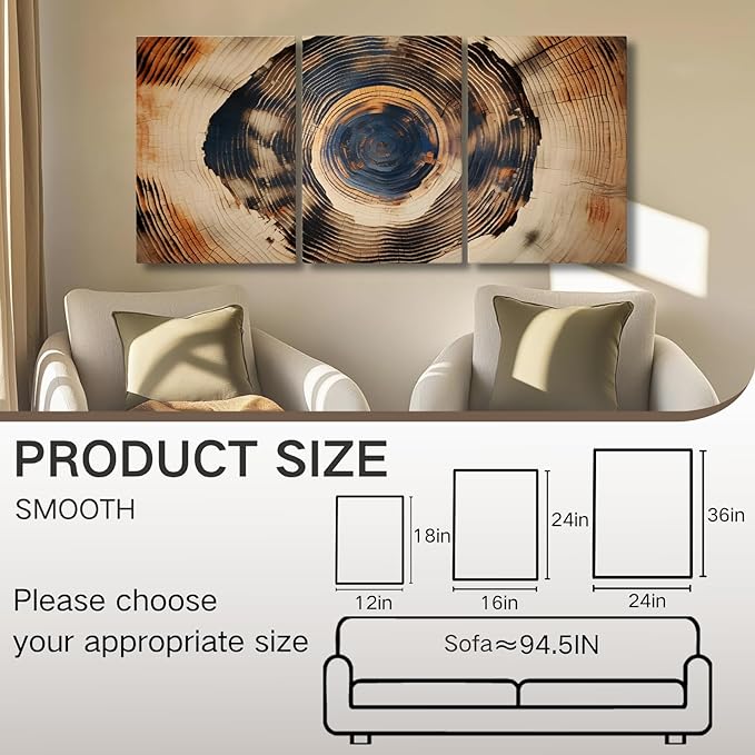 Oxzcimty Tree Ring Canvas Wall Art,Vintage Tree Ring Art,Modern Nature Wall Decor for Living Room,Bedroom,Office (24" x 36" x 3 pcs)