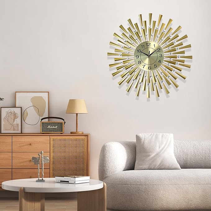Large Wall Clocks for Living Room Decor Modern Gold Silent Wall Clock Battery Operated Non-Ticking for Bedroom Kitchen Office Home Decorative 24 Inch Retro Crystal Clocks Wall Decor for House