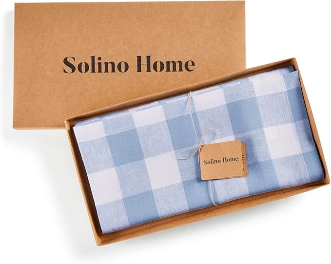 Solino Home Linen Checkered Tablecloth 52 x 52 Inch - 100% Pure Linen Chambray Blue and White Buffalo Plaid Square Tablecloth - Machine Washable Table Throw for Holiday